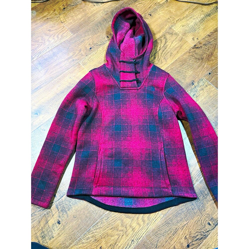 The North Face Women's Hooded Fleece Plaid Pullover Hoodie Pockets Red S